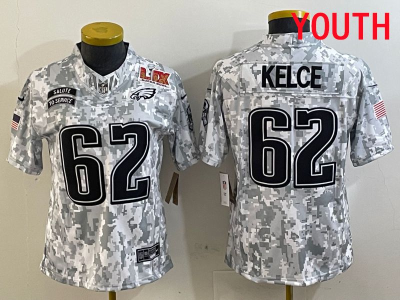 Youth Philadelphia Eagles 62 Kelce Nike Arctic Camo 2025 Salute to Service Limited NFL Jersey style 2